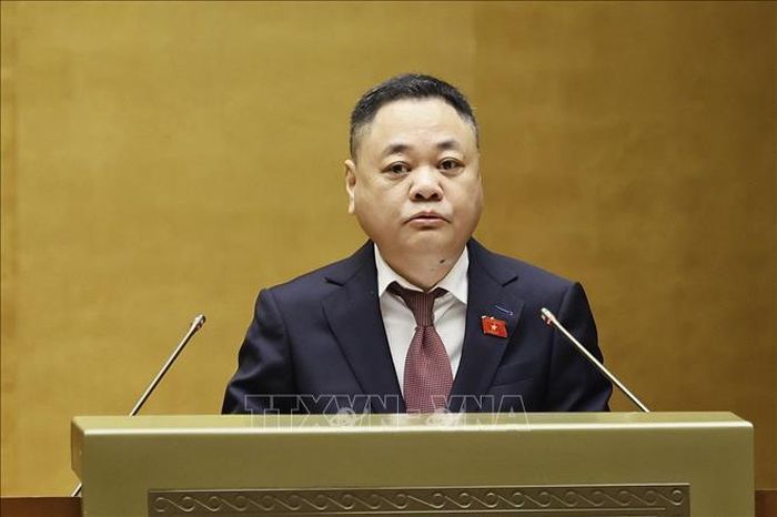 Phó Chủ nhiệm Ủy ban Kinh tế và Tài chính của Quốc hội Nguyễn Ngọc Bảo trình bày báo cáo ý kiến về 02 nội dung: Định hướng chính sách sửa đổi Luật Đất đai năm 2024 và Định hướng chính sách sửa đổi Luật Kinh doanh bất động sản. Ảnh: Doãn Tấn/TTXVN