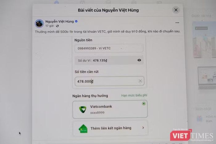 Một người dùng chia sẻ việc rút gần toàn bộ số dư trong ví VETC về tài khoản ngân hàng sau khi phát sinh phí quản lý hàng tháng. Ảnh: Thượng Tâm.
