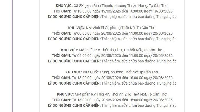 Lịch cắt điện Cần Thơ cập nhật tại Điện lực miền Nam. Ảnh: BNEWS