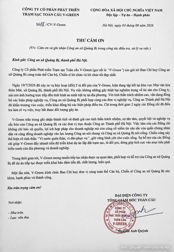 Nội dung thư cảm ơn của Công ty cổ phần Phát triển trạm sạc toàn cầu V-GREEN