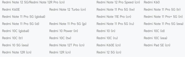 Giao diện danh sách thiết bị ngưng hỗ trợ phần mềm cập nhật trên trang chủ của Xiaomi