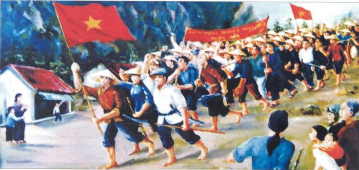 Tranh vẽ nhân dân xứ Quảng xuống đường khởi nghĩa giành chính quyền trong Cách mạng tháng Tám năm 1945. Ảnh: Tư liệu