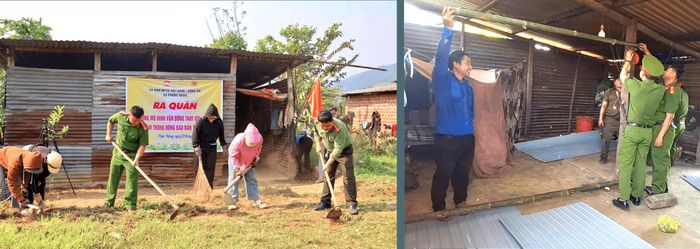 Công an xã Phước Năng cùng các đoàn thể chung tay giúp gia đình anh Nông trong lễ khởi công nhà mới. Ảnh: CÔNG AN XÃ PHƯỚC NĂNG