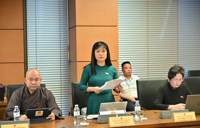Đại biểu Tạ Thị Yên, Phó Chủ nhiệm Thường trực Ủy ban Công tác đại biểu, ĐBQH tỉnh phát biểu tại phiên thảo luận.