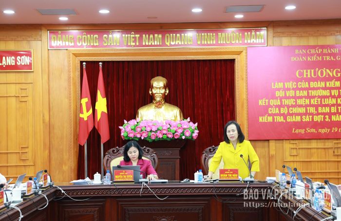 Đồng chí Đoàn Thị Hậu, Phó Bí thư Thường trực Tỉnh ủy, Chủ tịch HĐND tỉnh phát biểu tại buổi làm việc