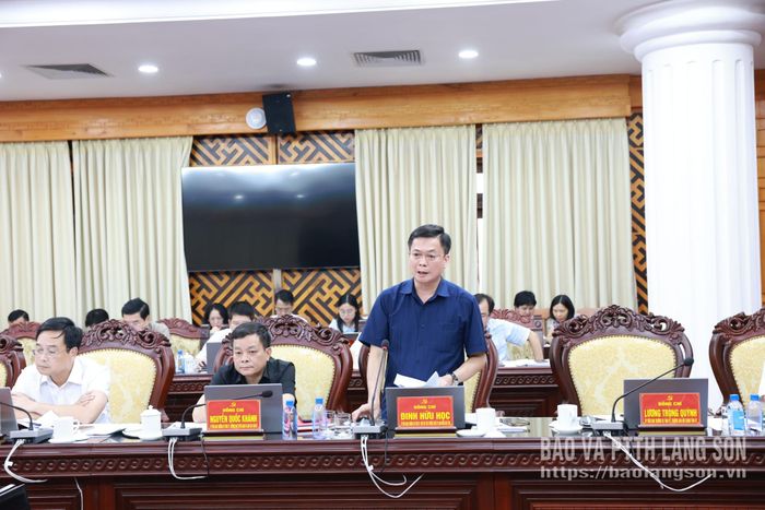 Đồng chí Đinh Hữu Học, Ủy viên Ban Thường vụ Tỉnh ủy, Phó Chủ tịch Thường trực UBND tỉnh phát biểu tại buổi làm việc