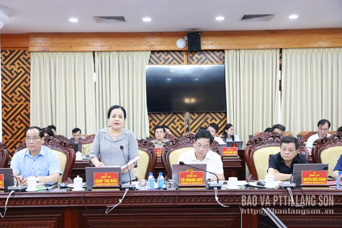 Đồng chí Giáp Thị Bắc, Ủy viên Ban Thường vụ Tỉnh ủy, Trưởng Ban Tổ chức Tỉnh ủy trình bày báo cáo tổng hợp kết quả thực hiện công tác cán bộ của tỉnh