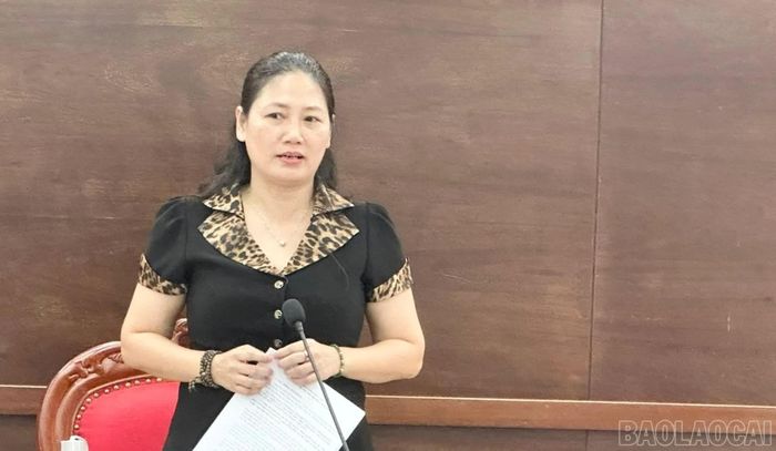 Đồng chí Đoàn Thị Thanh Tâm - Phó Trưởng Ban Tuyên giáo và Dân vận Tỉnh ủy phát biểu tại buổi làm việc.