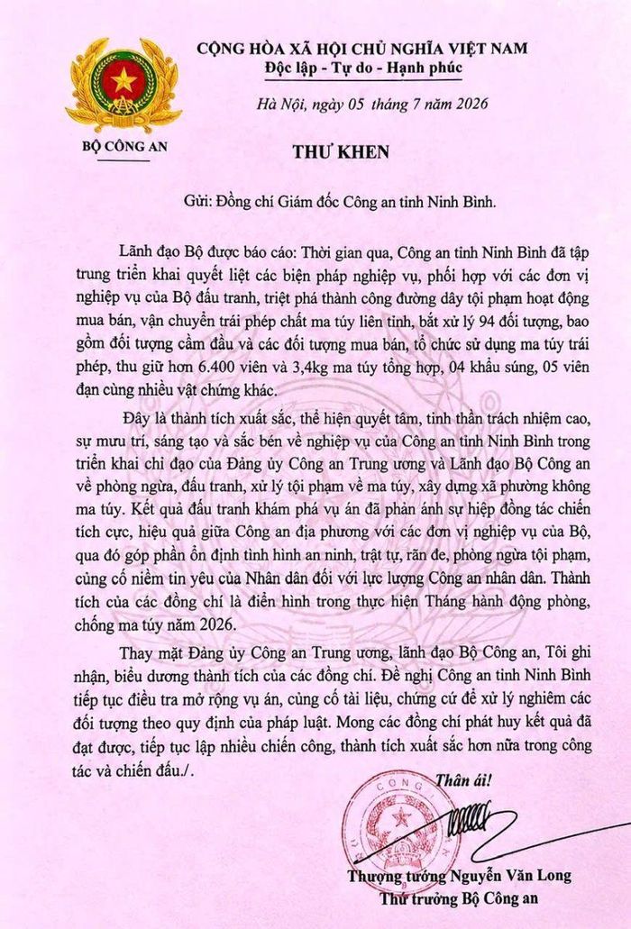 Lãnh đạo Bộ Công an gửi Thư khen, biểu dương Công an tỉnh Ninh Bình vì đã có thành tích đặc biệt xuất sắc trong đấu tranh phòng, chống tội phạm ma túy.