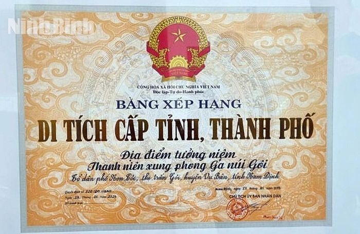Bằng xếp hạng Di tích cấp tỉnh đối với Địa điểm tưởng niệm Thanh niên xung phong ga Núi Gôi.