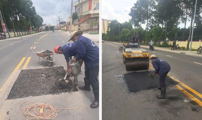 Đơn vị thi công vá lại những vị trí đường bị hư hỏng.