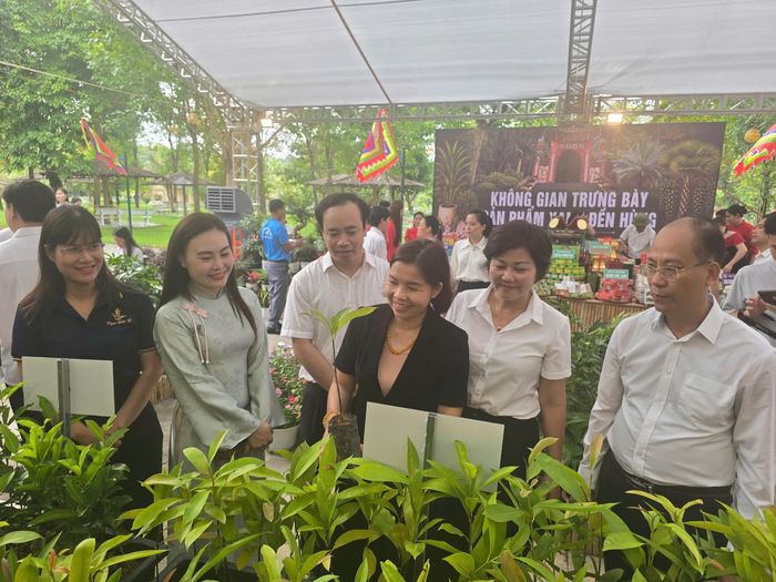 Đồng chí Phùng Thị Kim Nga – Tỉnh ủy viên, Phó Chủ tịch UBND tỉnh Phú Thọ tham quan khu trưng bày, giới thiệu “Sản phẩm xanh Đền Hùng làm theo lời Bác” ↵