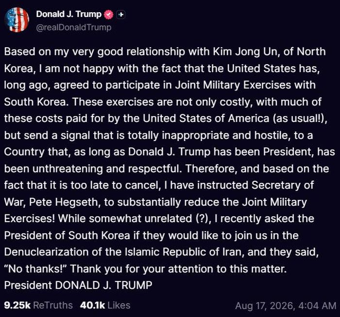 Bài đăng của Tổng thống Mỹ Donald Trump trên mạng xã hội Truth Social