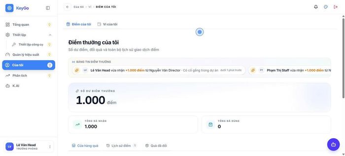 Giao diện “Điểm thưởng của tôi”, thể hiện việc ghi nhận điểm và theo dõi lịch sử điểm thưởng. Ảnh chụp màn hình