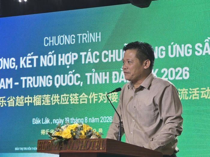Ông Lê Anh Trung – Chủ tịch Hiệp hội Sầu riêng Đắk Lắk phát biểu tại chương trình.