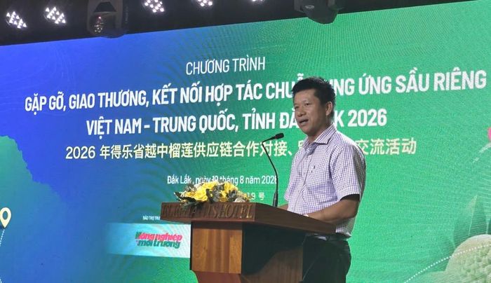 Ông Trần Văn Thắng – Phó Chủ tịch Thường trực Hiệp hội Sầu riêng Đắk Lắk phát biểu tại chương trình.