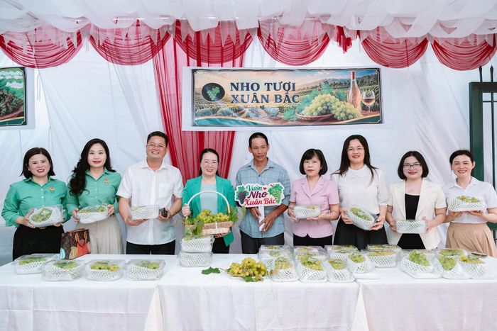 Chủ tịch Hội Nông dân thành phố Hà Nội Phạm Hải Hoa tham quan gian trưng bày nông sản tiêu biểu của xã Phúc Lộc. Ảnh: Ánh Ngọc