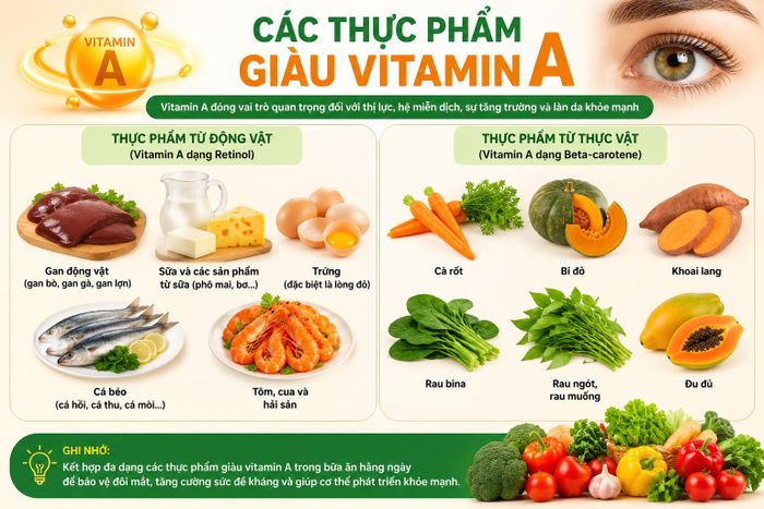 Bổ sung vitamin A thông qua các bữa ăn hằng ngày bằng cách đa dạng hóa nguồn thực phẩm. Ảnh AI