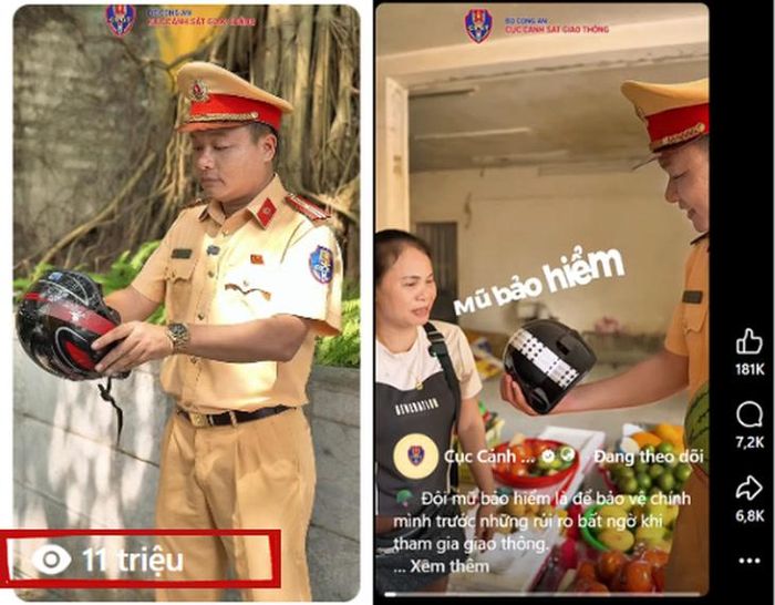 Clip tuyên truyền về quy định đội mũ bảo hiểm do CSGT Hà Nội thực hiện đạt hơn 11 triệu lượt xem trên Fanpage Cục CSGT, thu hút hàng nghìn lượt chia sẻ và tương tác. (Ảnh cắt từ clip tuyên truyền)
