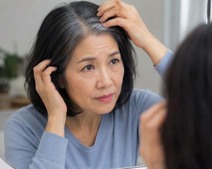 Sau tuổi 50, tóc thường mảnh hơn, dễ gãy rụng và tóc bạc dần do quá trình lão hóa, thay đổi nội tiết. Ảnh minh họa AI