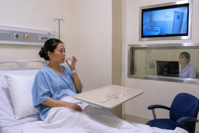 Sau điều trị bằng iod phóng xạ I-131, bệnh nhân cần được cách ly và uống nhiều nước. Ảnh AI.