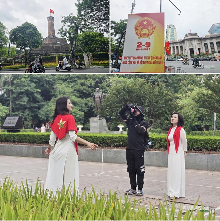 Sắc đỏ cờ Tổ quốc và các cụm trang trí xuất hiện tại nhiều địa điểm trung tâm Thủ đô. Ảnh: T.Anh