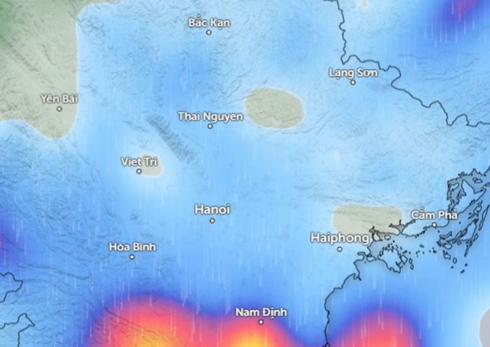 Dự báo mưa ở một số khu vực tại miền Bắc vào sáng đến trưa mai (những vùng màu xanh da trời là mưa nhỏ đến vừa, màu đỏ là mưa vừa đến mưa to). Ảnh: Zoom Earth, OpenStreetMap, ICON.
