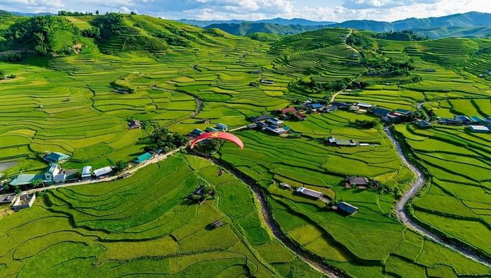 Dù lượn trên những thửa ruộng bậc thang Tú Lệ, một trong những trải nghiệm hấp dẫn du khách mùa lễ hội