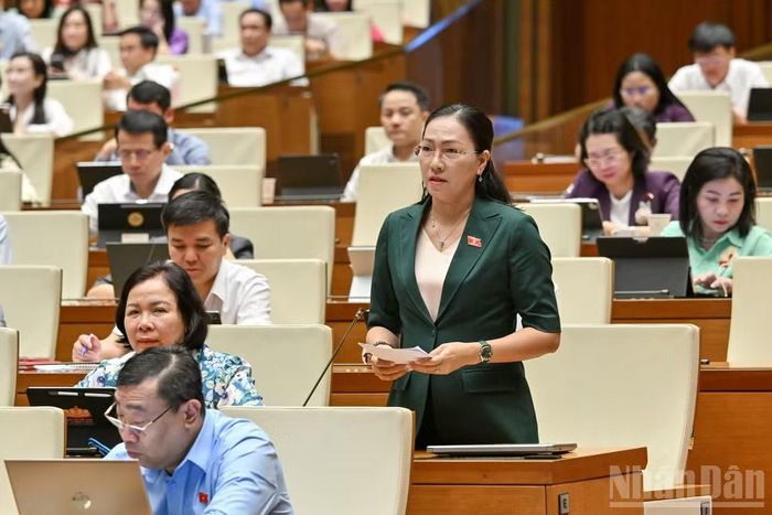 Đại biểu Nguyễn Thị Yến Nhi (Đoàn Vĩnh Long) phát biểu tại hội trường. (Ảnh: THỦY NGUYÊN)
