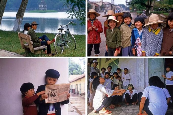 Các tác phẩm: Cặp đôi trên bờ Hồ Gươm ở Hà Nội, Việt Nam năm 1987; Một nhóm các cô gái trẻ trên phố Hà Nội, Việt Nam năm 1987; Trẻ em đọc báo, Hà Nội, Việt Nam năm 1987; Trò chơi của trẻ em, Hà Nội 1987 của Lily Franey. (Ảnh: Ban tổ chức cung cấp)