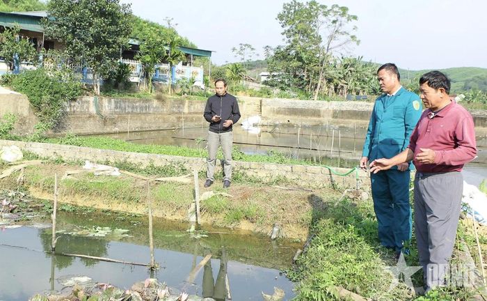 Cựu chiến binh Nguyễn Kỳ Hùng (ngoài cùng, bên phải) giới thiệu về mô hình kinh tế trang trại của gia đình.
