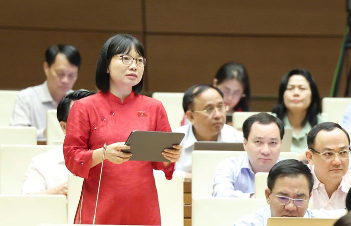 Đại biểu Nguyễn Thị Việt Nga (TP Hải Phòng) thảo luận ở hội trường. Ảnh: QUANG PHÚC