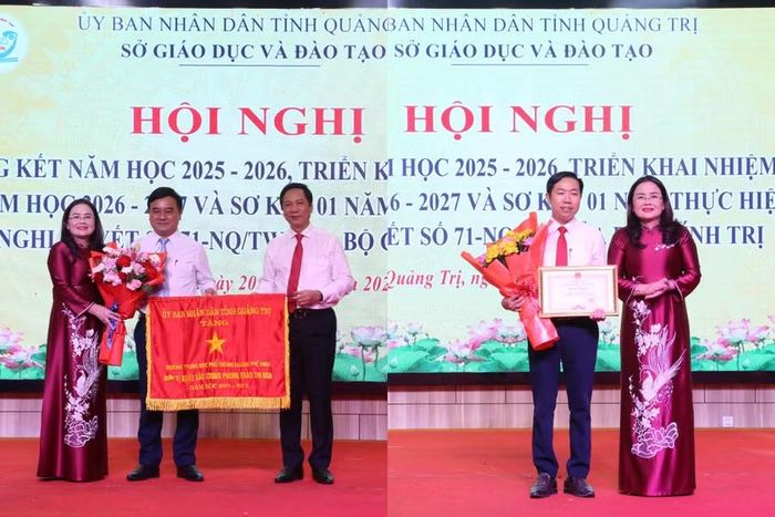 Lãnh đạo tỉnh và Sở GD&ĐT trao Cờ thi đua của UBND tỉnh cho Trường THPT Lương Thế Vinh và Bằng khen của UBND tỉnh cho cá nhân.