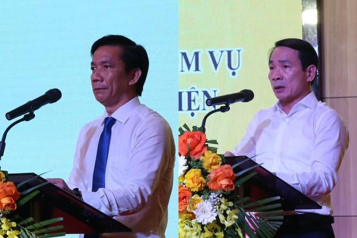 Ông Nguyễn Đình Hải, Phó Giám đốc Sở GD&ĐT và ông Mai Huy Phương, Phó Giám đốc Sở GD&ĐT trình bày báo cáo kết quả năm học và phương hướng, nhiệm vụ năm học tới.