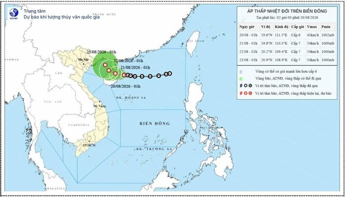 Áp thấp nhiệt đới trên Biển Đông di chuyển theo hướng Tây, tốc độ 5-10km/h. (Nguồn: NCHMF)