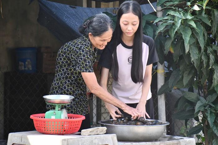 Những rổ ốc bươu trước hiên nhà vừa là kế sinh nhai, vừa là một phần ký ức tuổi thơ của Trân Châu.