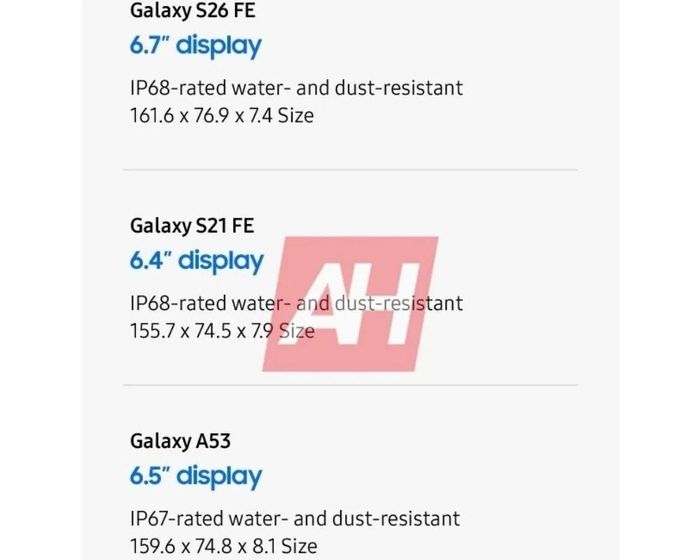 Samsung dường như còn sử dụng Galaxy S21 FE và Galaxy A53 để so sánh với Galaxy S25 FE. Ảnh: Android Headlines