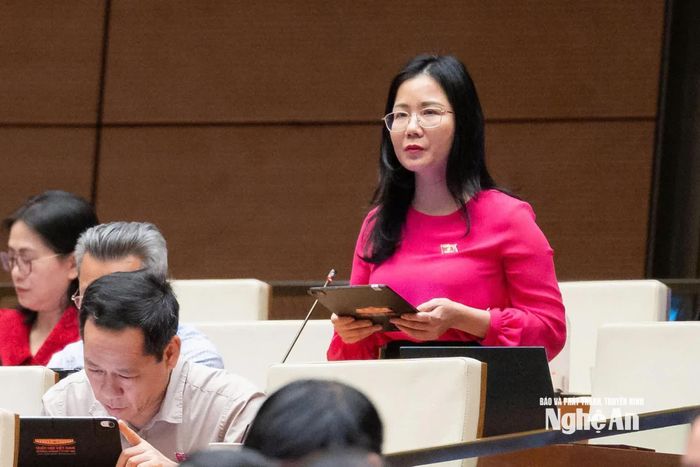 ĐBQH Nguyễn Thị Minh Tú - Giám đốc Trung tâm Khoa học xã hội và Nhân văn, Sở Khoa học và Công nghệ tỉnh phát biểu thảo luận tại hội trường. Ảnh: N.H