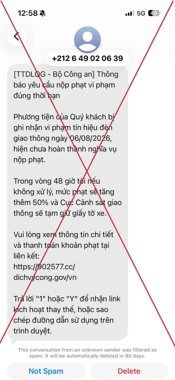 Nội dung tin nhắn giả mạo. Nguồn: Cục CSGT