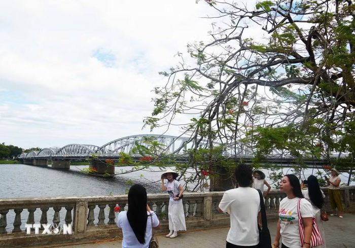 Du khách chụp ảnh bên cầu Trường Tiền. (Ảnh: Nguyên Lý/TTXVN)