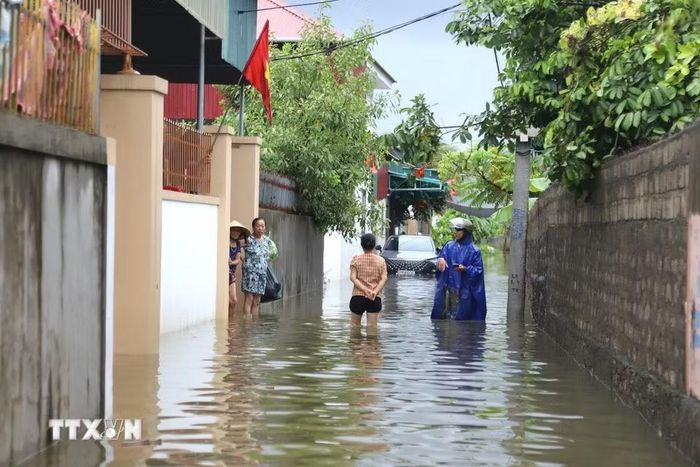 Tuyến đường liên xóm tại Đồng tháng 5 (xóm Hải Bắc và Quyết Thành cũ, xã Diễn Châu) ngập sâu, chia cắt giao thông. (Ảnh: Xuân Tiến/TTXVN)