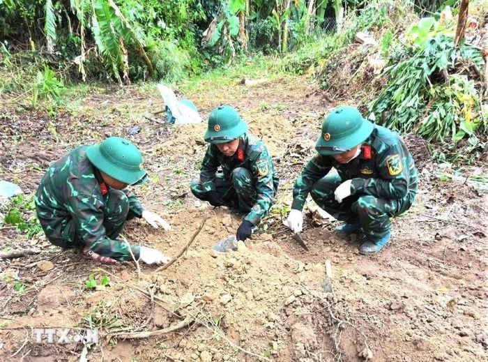 Cán bộ chiến sỹ Đội 584, Phòng Chính trị, Bộ Chỉ huy Quân sự tỉnh Quảng Trị đã tìm kiếm, quy tập được 4 hài cốt liệt sỹ cùng nhiều di vật quan trọng tại khu phố Tri Bưu, phường Quảng Trị. (Ảnh: TTXVN phát)