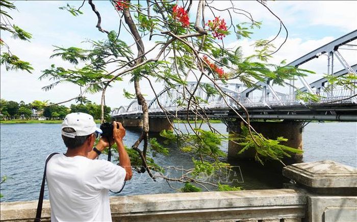 Du khách chụp ảnh cầu Trường Tiền trên sông Hương ở trung tâm thành phố Huế.