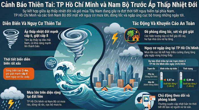 Tổng hợp diễn biến thời tiết tại TP Hồ Chí Minh và Nam Bộ, với nguy cơ mưa lớn, dông lốc, sét và gió giật mạnh trong những ngày tới. Ảnh: Đồ họa AI
