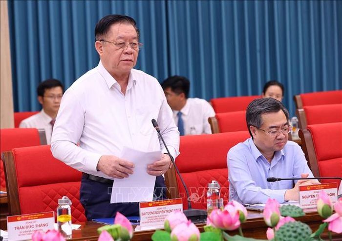 Đại tướng Nguyễn Trọng Nghĩa, Ủy viên Bộ Chính trị, Bí thư Trung ương Đảng, Chủ nhiệm Tổng cục Chính trị Quân đội nhân dân Việt Nam phát biểu. Ảnh: Văn Điệp/TTXVN