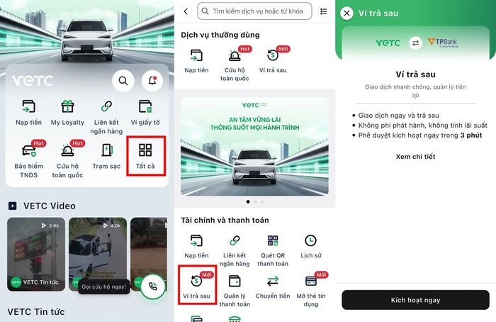 Các bước thực hiện kích hoạt ví trả sau ngân hàng trên VETC. Ảnh: Thượng Tâm.