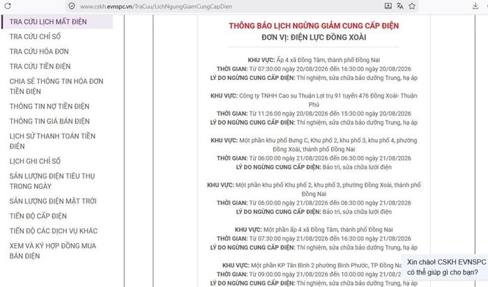 Lịch ngừng cấp điện tại Đồng Nai ngày mai 21/8 được cập nhật trên website của EVNSPC lúc 14h50 ngày 20/8. Ảnh: BNEWS phát
