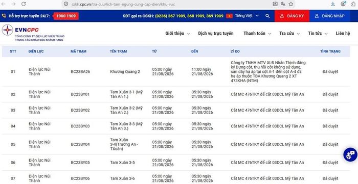 Lịch tạm ngừng cung cấp điện Đà Nẵng ngày mai 21/8 cập nhật trên website của Điện lực miền Trung lúc 14h ngày 20/8. Ảnh: BNEWS