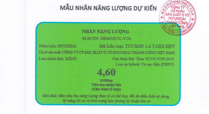 Mẫu nhãn năng lượng thể hiện mức tiêu hao nhiên liệu của Hyundai Tucson Hybrid.