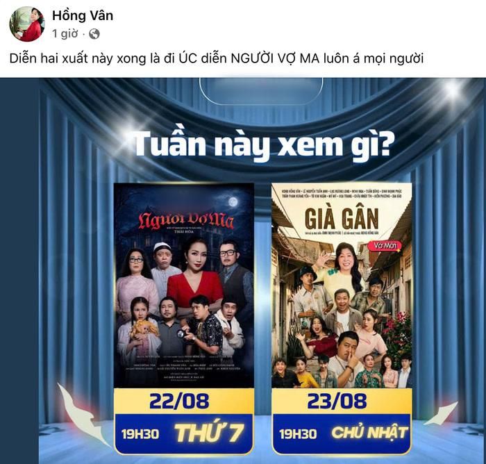NSND Hồng Vân đăng tải lịch biểu diễn tại sân khấu kịch Hồng Vân. Ảnh: Chụp màn hình FBNV